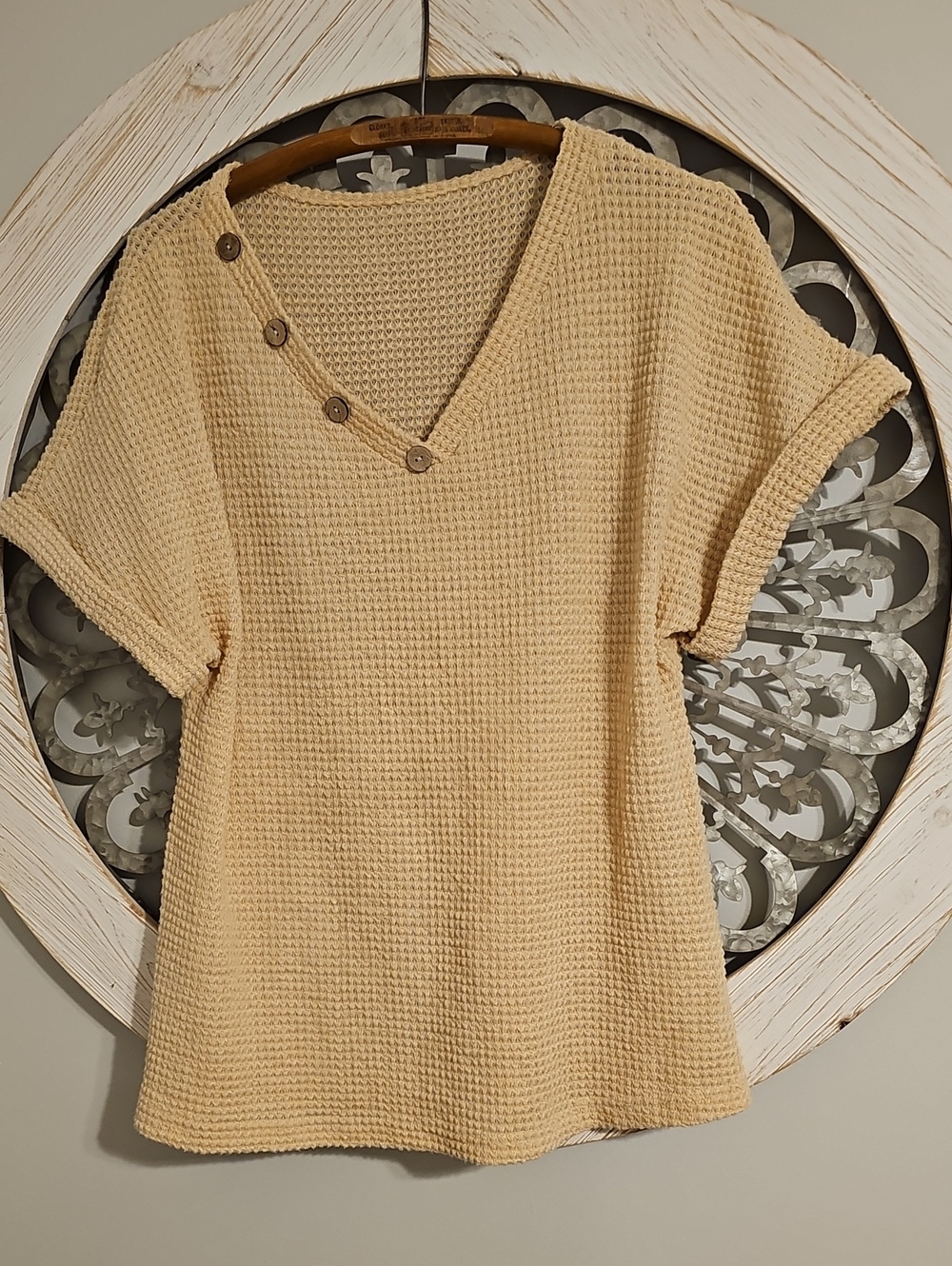 Waffle Knit Button-Accent Short Sleeve Top - Cream